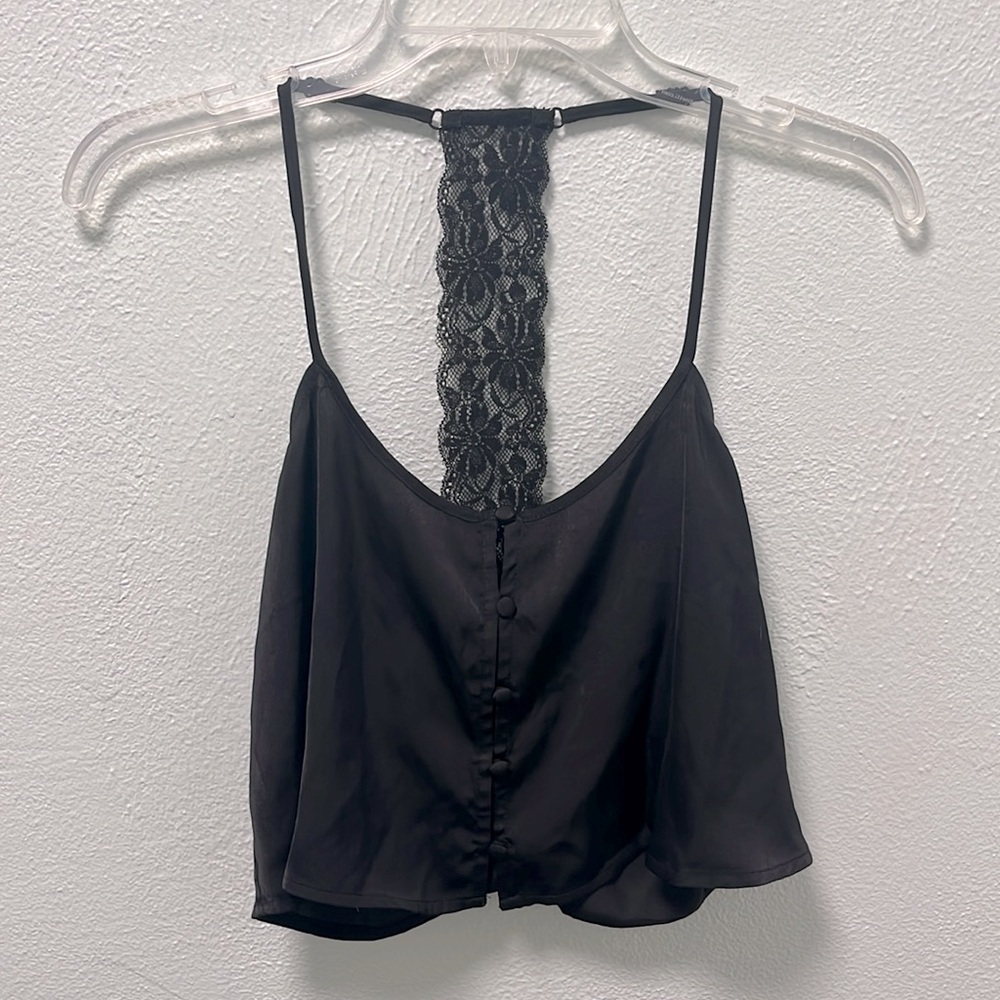 Lace Back Spaghetti Strap Cami Tank Top - Black